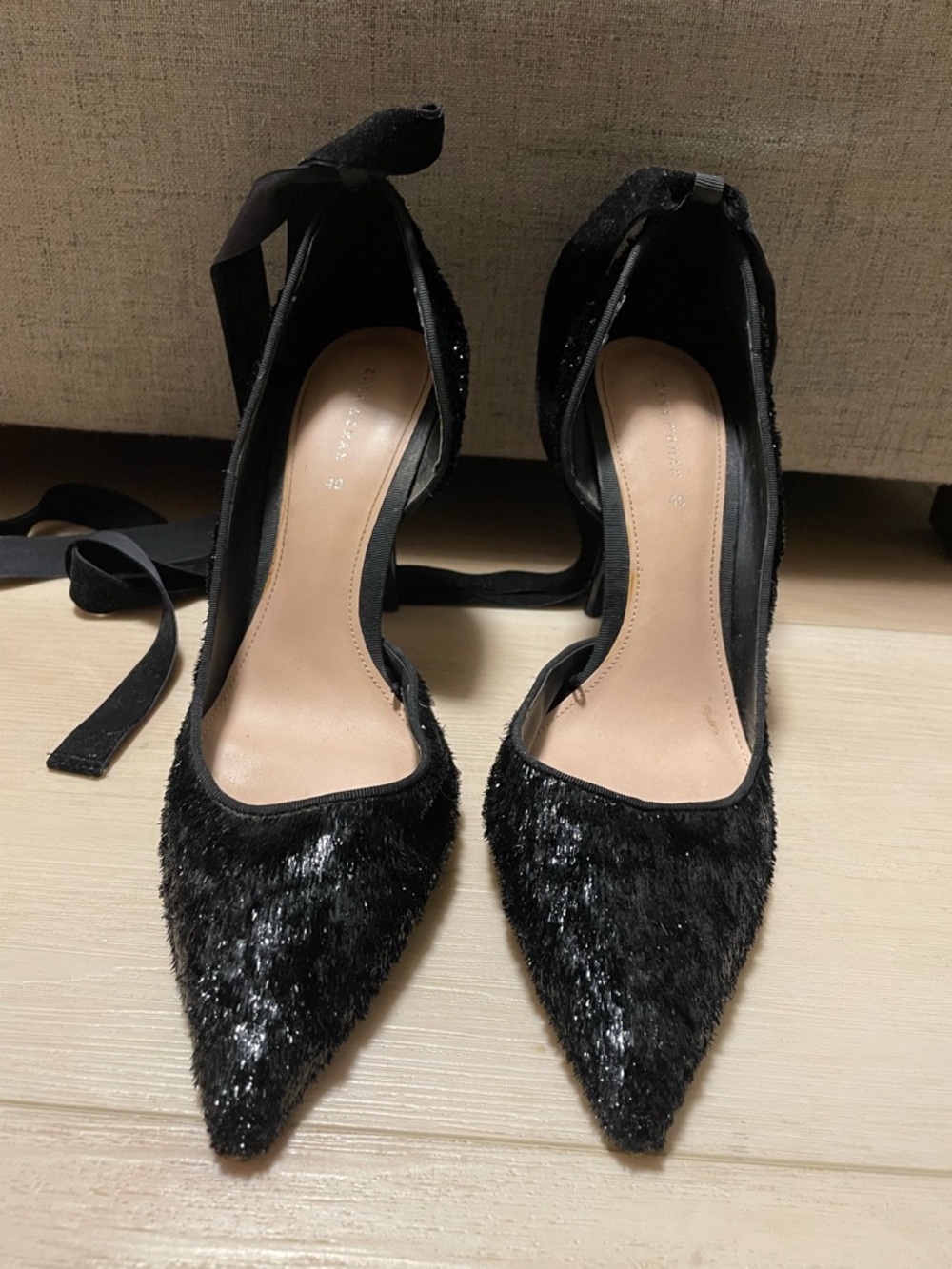 Zara black bow ankle strap high Heels